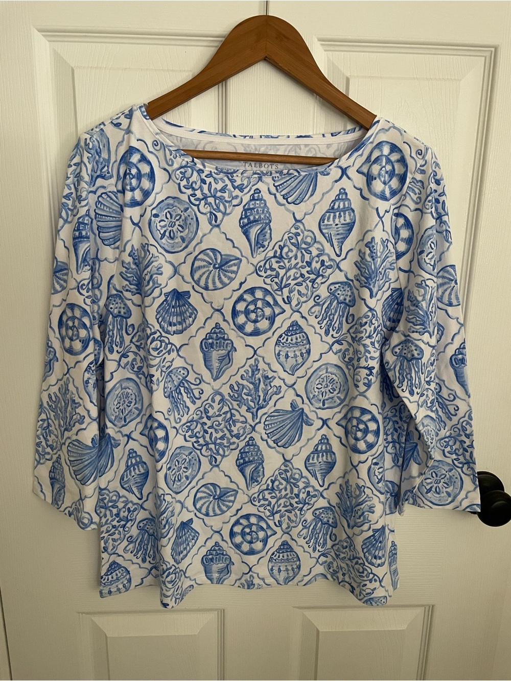 Talbots Seashell Tiles Bateau Neck Tee Blue White XLP